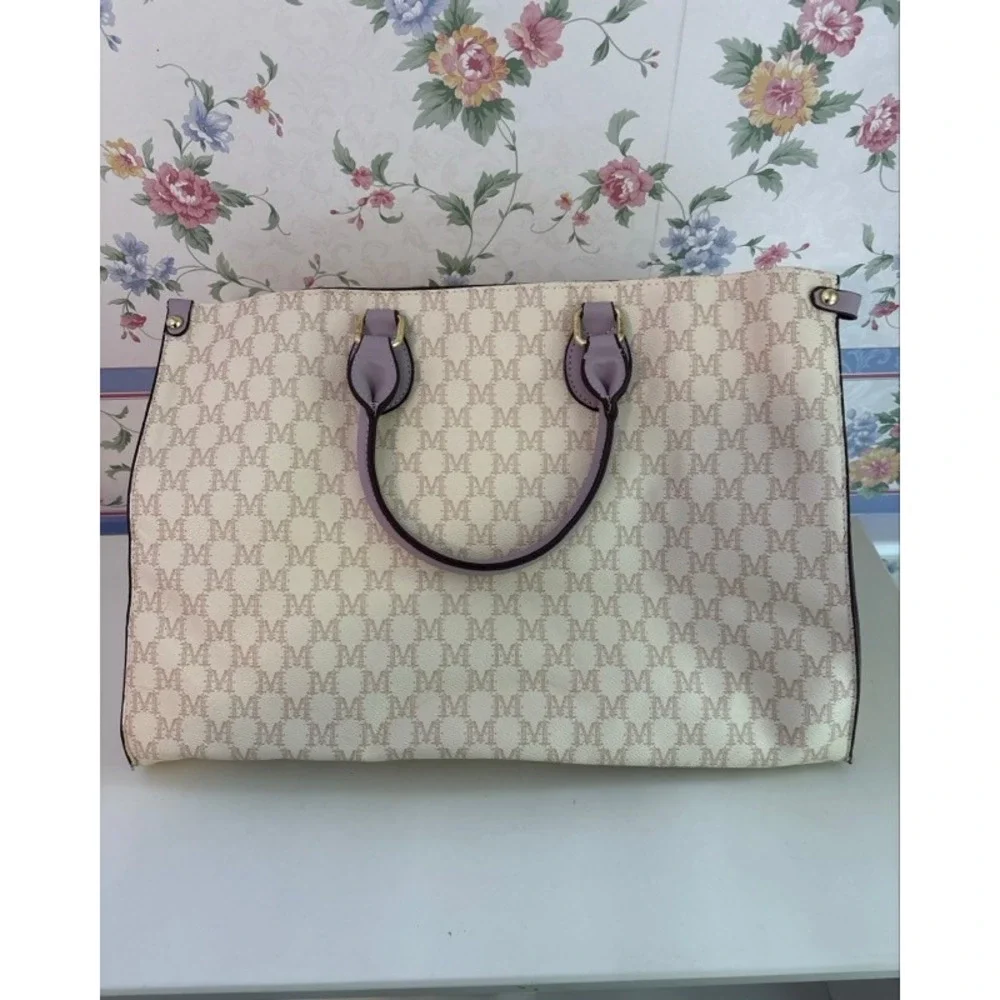 Mia K Farrow Collection Monogram Tote Bag Cream Lavender Purple Tan M Logo Large